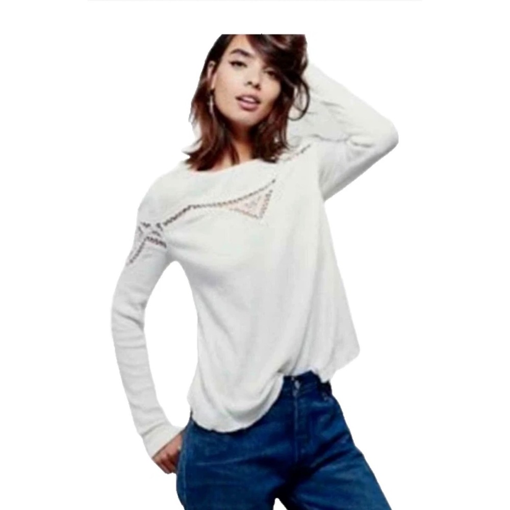 Free People Fay Dreamer Thermal‎ Crochet Lace Waffle Knit Top Women M White